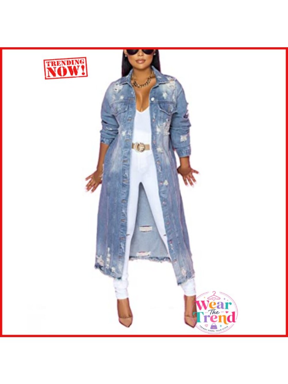 Womens Distressed Ripped Denim Trench Coat Slim Button Down Long Jean Jacket